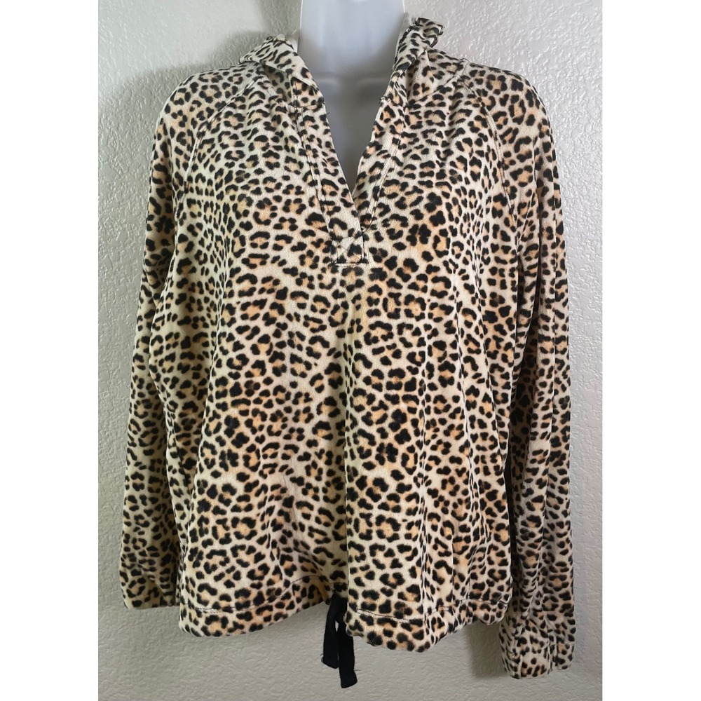 Jessica Simpson Womens L Hoodie Leopard Print Brown V Neck Drawstring Sweatshirt